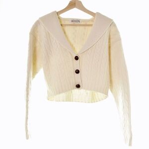 CATALOG Wool Ivory Cable-Knit Cardigan Sweater Womens S Cropped Sailor Collar